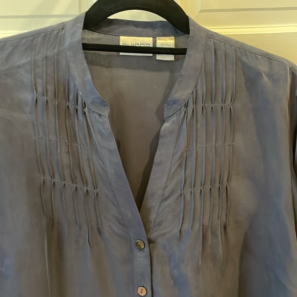 Chico’s Size 2, 12/14, Navy V-Neck Long Sleeve Blouse. May roll sleeve up w/ tab - Picture 2 of 11